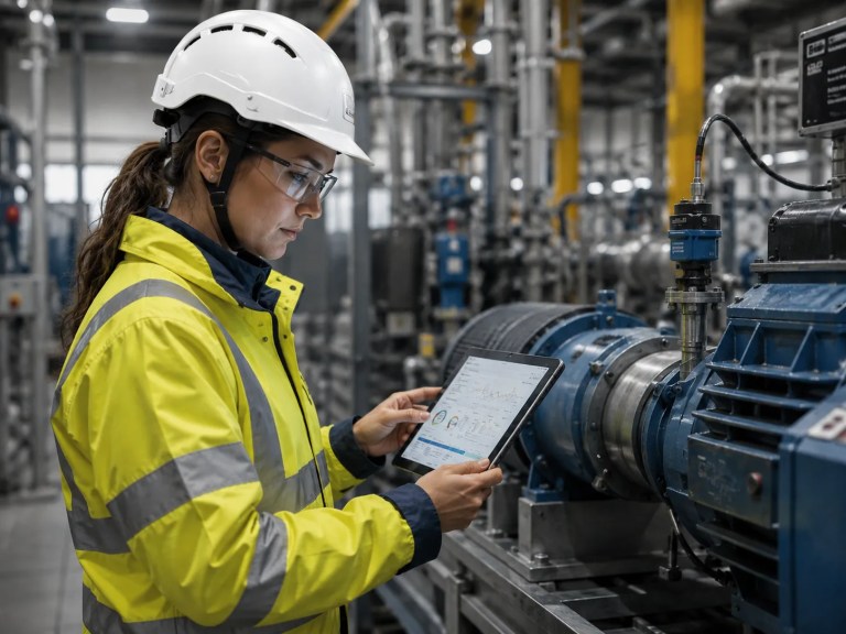 Responsable fiabilité surveillant les performances d'un moteur industriel à l'aide d'une tablette.