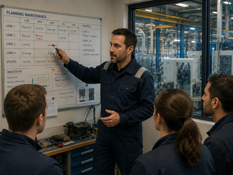 Responsable maintenance présentant un planning d'interventions à son équipe dans un atelier industriel.